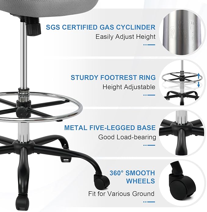 HYLONE Tall Drafting Chair Standing Desk Chair with Flip-Up Armrests, Adjustable Height Ergonomic Office Chair with Footrest Ring - High Stool Chair for Standing Desk(Grey)