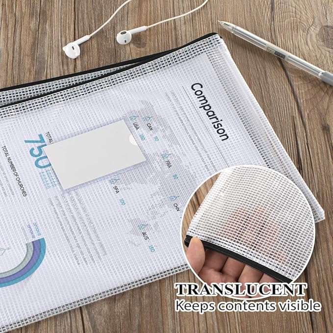 Sooez 20 Pack Mesh Zipper Pouch with Label Pocket, Plastic Zip File Folders, Letter Size A4 Zipper Document Bag for Teacher School Office Supplies, Classroom Organization, Board Game Storage,Black