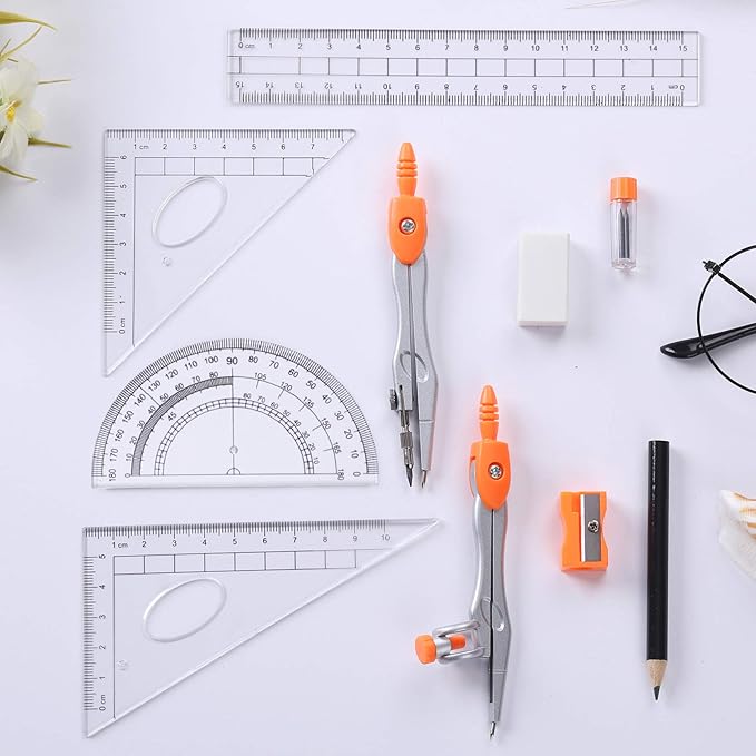Math Geometry Kit Sets 10 Piece Student Supplies with Shatterproof Storage Box,Includes Rulers,Protractor,Compass,Eraser,Pencil Sharpener,Lead Refills,Pencil,for Drafting(Orange)