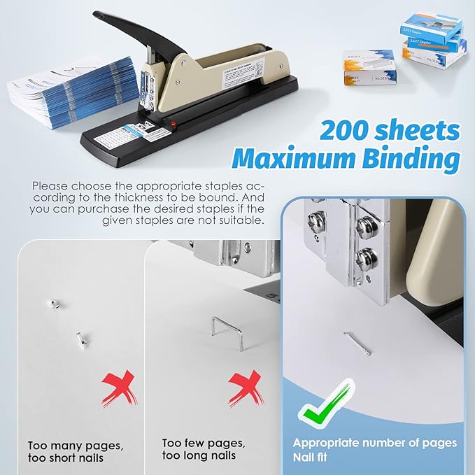 Long Reach Stapler, Heavy Duty Long Arm Stapler, 200 Sheets Capacity, 4000 Staples Gift, 9.84” Adjustable Stapling Depth Suitable for Booklets & Office Document, Fixable Paper Guide