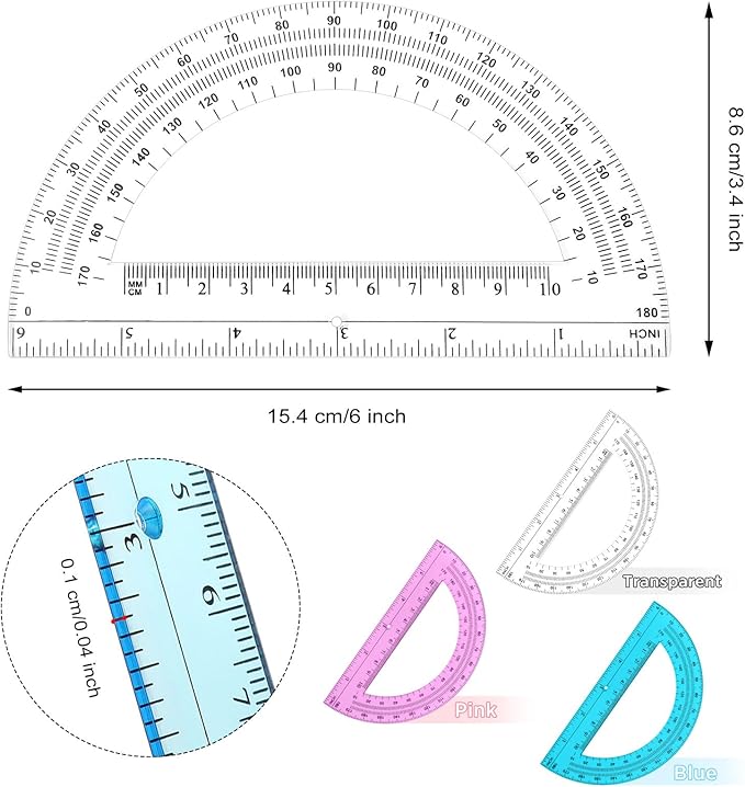 Zonon 3 Pack 6 Inch Plastic Protractor Back to School Protractors 180 Degrees Pink Blue Clear Protractors for Classroom Math Teacher Student Office Supplies