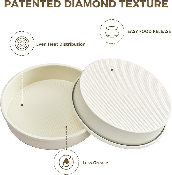 HONGBAKE 9 Inch Round Cake Pan Set of 2, Nonstick Ceramic Coating Cake Molds with Diamond Texture, 0.8 mm Aluminized Steel Cake Pans Sets for Baking & Cheesecake, Heavy Duty & Non-Toxic (Cream, 2PCS)
