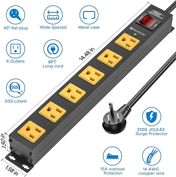 CRST 2Pack 6 Outlet Surge Protector Power Strip 2100J with Switch, 15A/1875W Heavy Duty Mountable Power Strip, Wide Spaced Power Bar for Garage Worshop Home School, 6 FT Cord( Black+Yellow)