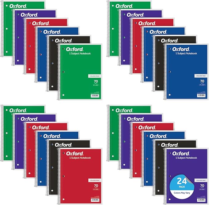 Oxford Spiral Notebooks, Bulk College Ruled Spiral Notebooks for School, 1-Subject, College Ruled Paper, 70 Lined Sheets, 24 per Pack, 3-Hole Punch, Colors May Vary (65021)