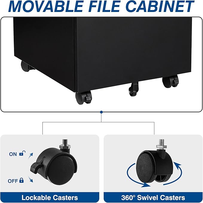 3 Drawer Vertical File Cabinet, Mobile Filling Cabinets with Lock for Legal/Letter Size, Pre-Built Office Storage File Cabinet with Wheels Under Desk - Fully Assembled