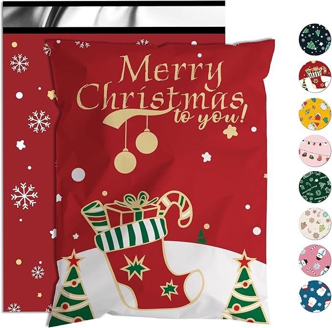 Christmas Poly Mailer 10x13 Inch 100 Pcs, Waterproof Shipping Bags for Clothing, Tear-Resistant Mailier Bags, Strong Mailing Bags with Self-Seal - Red Merry Christmas