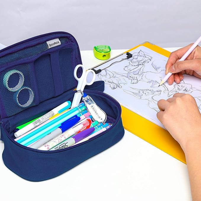 Pencil Case Pouch Box Bag School Supplies Girls Boys Kids, Cute Preppy Stuff Large Big Capacity Aesthetic Pen Organizer, Back to College Stationary, Midnight Blue, Heavy Duty Canvas, 1800ml