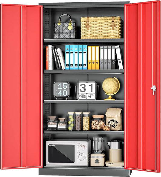 INTERGREAT Garage Storage Cabinet with Lockable Door, 72" H Metal Locking Cabinets with 4 Adjustable Shelves,Black Red Steel Cabinets Storage for Home Office, Warehouse,School