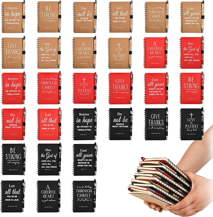 Christian Prayer Journal Spiral Notebooks Bulk with Pens - Small Notepads (4.13”x5.43”) - inspirational Gifts for Women men,Church Members & Bible Study Groups (30 sets multicolor)