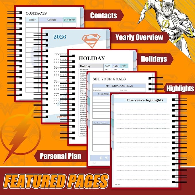 Cool Hero Academic Planner, Weekly Monthly Daily Agenda, Custom Date Organizer for Junior,Senior Students, Spiral Bound Notebook with Colorful Tabs,Datebooks for Time Management (Red and Yellow)