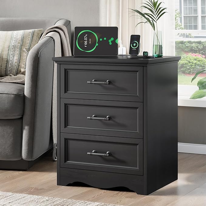 Black Nightstand with Charging Station, 19.7" Farmhouse End Table with 3 Drawers Storage, Bedside Table with Brushed Metal Handles, Unique Base Design, 3 Drawer Dresser for Bedroom, Living Room