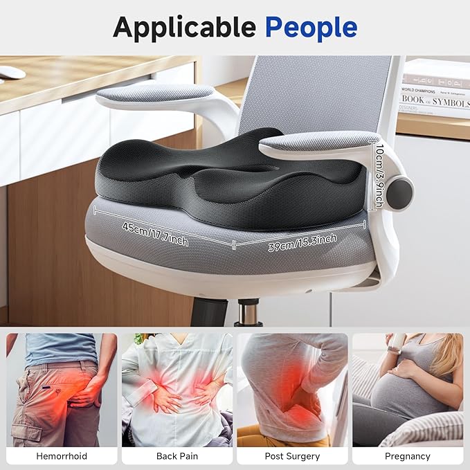 Benazcap Memory Foam Office Chair Cushion, Ergonomic Seat Cushion for Sciatica & Tailbone Pain Relief for Long Sitting for Gaming Chair and Car Seat- Black&Gray