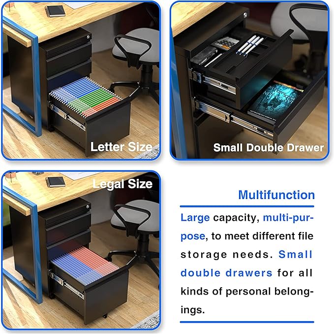 Aobabo 3 Drawer File Cabinet with Lock,Metal Filing Cabinet with Wheels for Home Office & Business Enterprise, Legal/Letter Size, Fully Assembled Except Wheels, Black