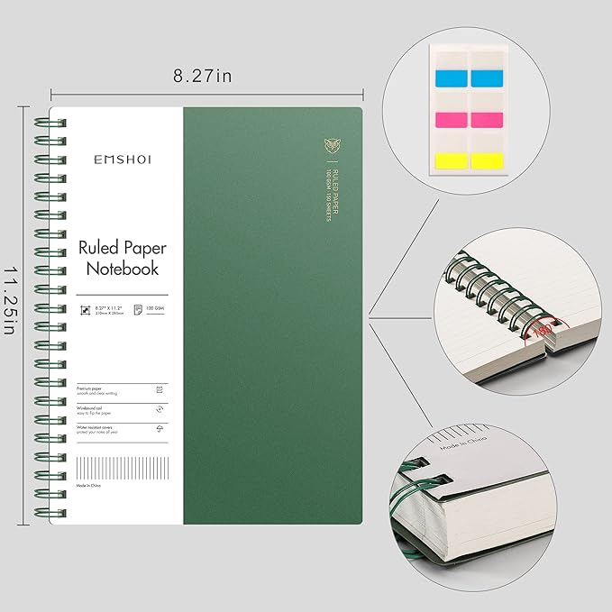 EMSHOI A4 Spiral Notebook College Ruled, 11.2" X 8.27", 150 Sheets/300 Pages, 100gsm Thick Lined Journal, Waterproof Softcover, Twin-Wire Binding, for School Work Business Writing, Gifts - Green