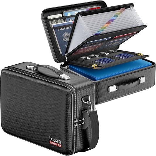 DocSafe Fireproof Document Box with Lock&Shoulder Strap, Hard-Shell Case File Organizer with Accordion File Folder, Multi-Layer Portable Home Office Travel Safe Storage for Important Documents Laptop