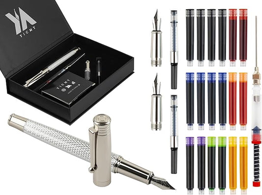 Fancy Fountain Pen Set – Fine & Medium Nibs, Includes 18 Ink Cartridges, Ink Converter, Syringe Filler, Luxury Gift for Writing, Journaling & Calligraphy,Silvery