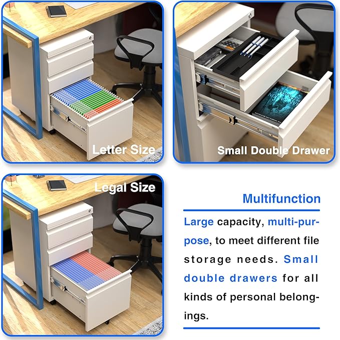 Aobabo 3 Drawer File Cabinet with Lock,Metal Filing Cabinet with Wheels for Home Office & Business Enterprise, Legal/Letter Size, Fully Assembled Except Wheels, White