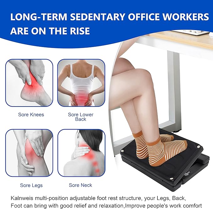 Adjustable Foot Rest and Footstool Under Desk, Ergonomic Leg Rest with Massage Roller, Height & Angle Adjustable, Detachable Cushion for Office and Home (Black)