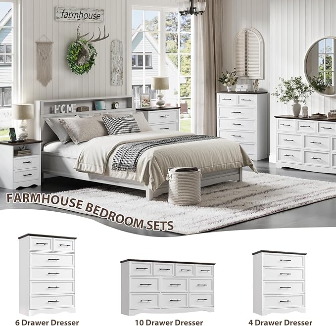 White Farmhouse Dresser for Bedroom, Modern 6 Chest of Drawers, 44" Tall Chest of Drawers w/Brushed Metal Handle, Wood Closet Organizers and Storage Cabinet for Bedroom, Living Room, Hallway