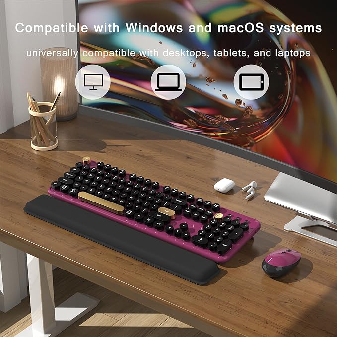 Colorful Wireless Computer Keyboard and Mouse Combo with Round Typewriter Keycaps, Retro Design, Power Switch, Ergonomic Design, 2.4GHz Wireless for Windows, Mac, PC(Black-Claret)