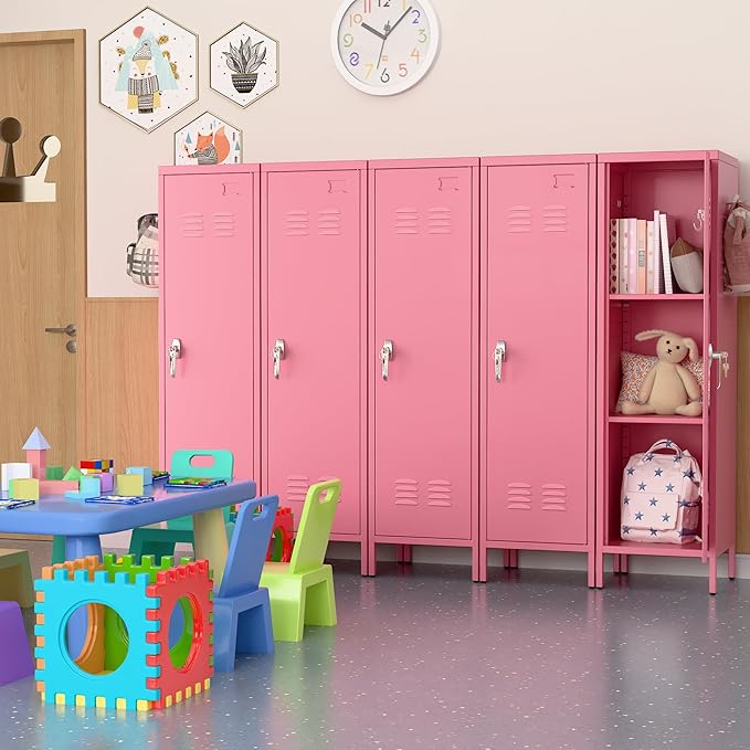 Aobabo Metal 54" H Metal Storage Locker for Employees, Lockable 1 Door with Towel Rack and 2 Side Pegboards with Hooks for School Office Gym Home, Assembly Required (Pink)