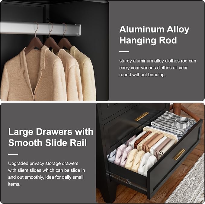 71" Tall Metal Wardrobe Cabinet with 2 Drawers and Hanging Rod, 2 Doors Armoire Wardrobe Closet with Shelf for Bedroom, Office, Laundry Room, Black