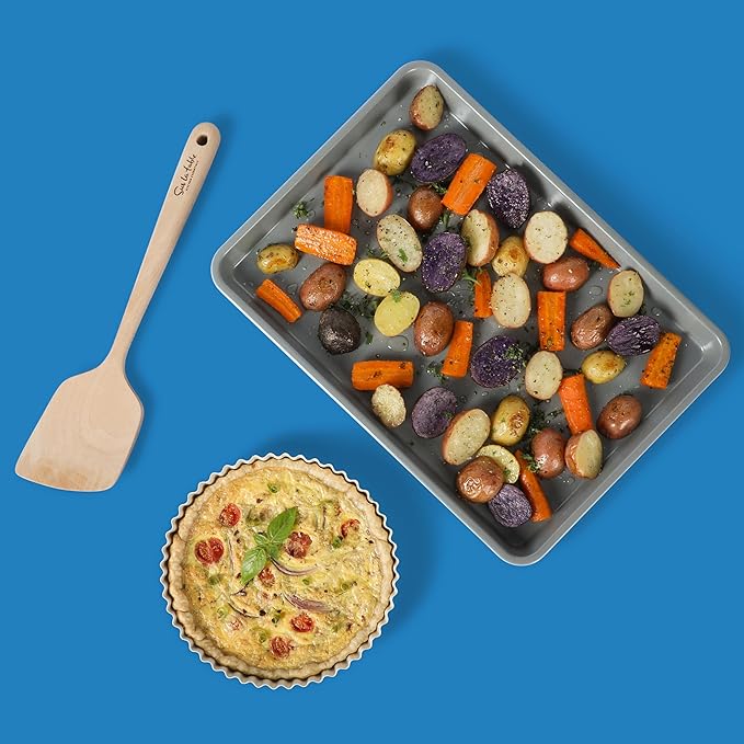 Sur La Table Kitchen Essential Carbon Steel Baking Pans Bakeware Set W/Premium PFOA, PFAS, PTFE Free Grey Non stick - Linen White Exterior