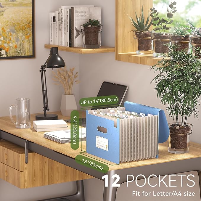 Accordion File Organizer, 12 Pockets Wheat Straw Expanding File Folder, Portable Monthly Paper Bill Tax Receipt Organizer, Letter A4 Size Document Holder,Green Office with Colorful Tab,UN Blue