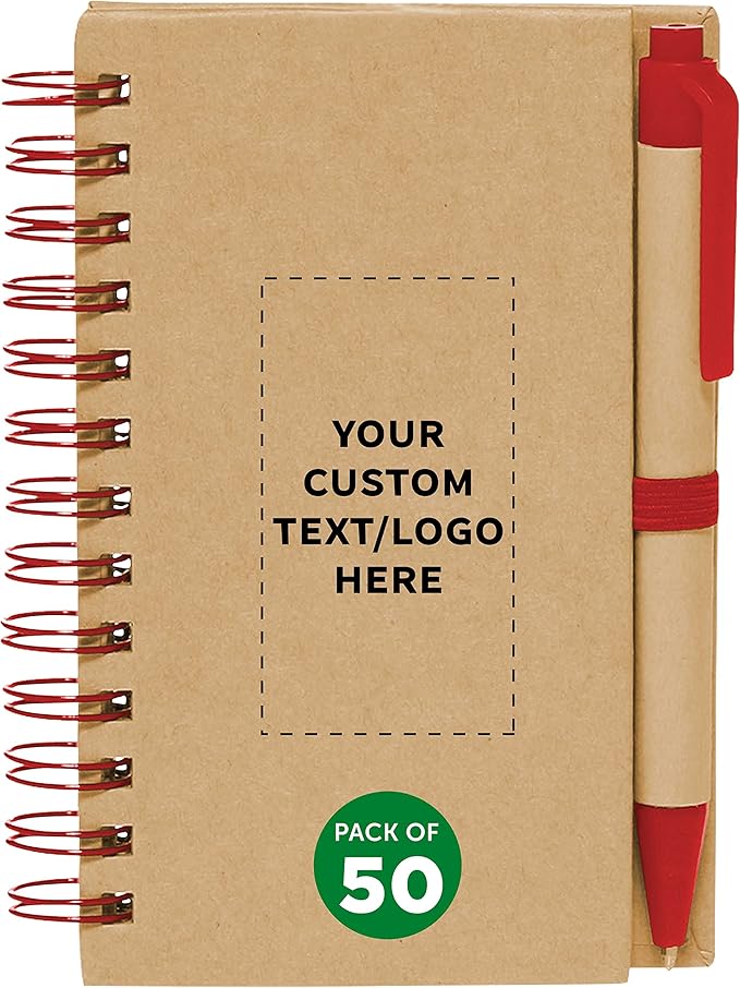 Custom Mini Spiral Notebooks with Black Ink Pens Set of 50, Personalized Bulk Pack - Perfect for School, Office, Business, Home - Red