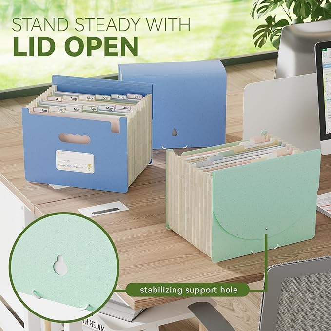 Accordion File Organizer, 12 Pockets Wheat Straw Expanding File Folder, Portable Monthly Paper Bill Tax Receipt Organizer, Letter A4 Size Document Holder,Green Office with Colorful Tab,UN Blue