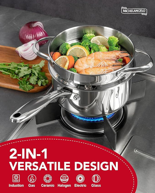 MICHELANGELO Stainless Steel Sauce Pan with Lid, 2.5 Quart Sauce Pan with Steamer Insert, Induction Saucepan, 2.5 Qt Stainless Steel Pot with Lid, Dishwasher & Oven Safe