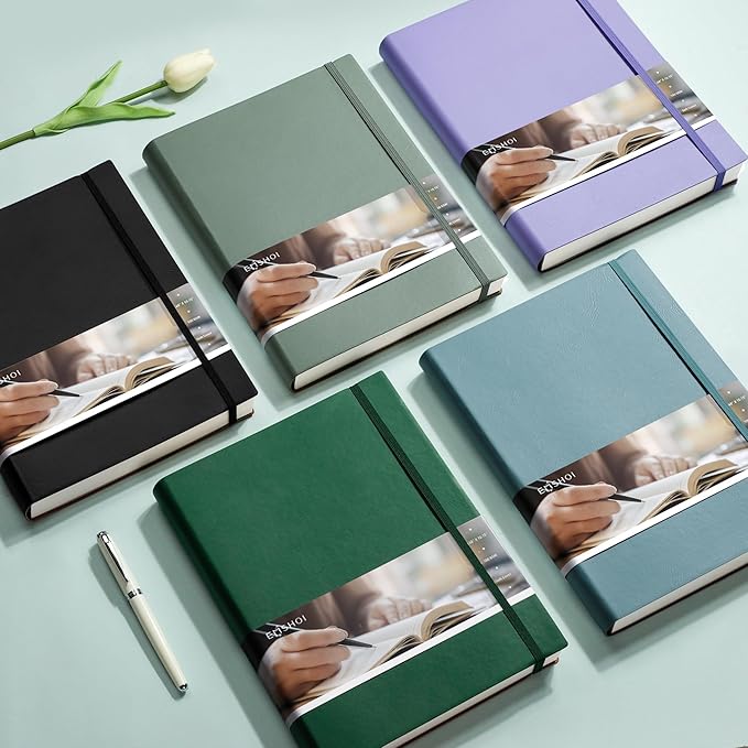 EMSHOI B5 College Ruled Notebook Journal - 400 Pages (200sheets), 7mm Spacing & Vegan Leather Cover for Work, School, Bible Study, Bullet Journaling - with Sticky Notes, Pocket & Pen Holder- GrayBlue