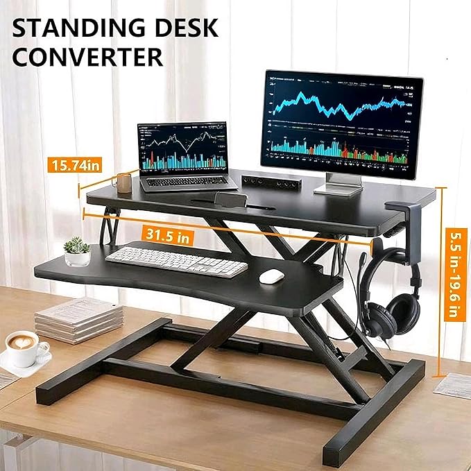 Standing Desk Converter - 32 Inch Wide Adjustable Sit to Stand Up Workstation, Dual Monitor and Laptop Riser with Wide Keyboard Tray, Headphone Stand,Cable Clips,for Home Office, Black
