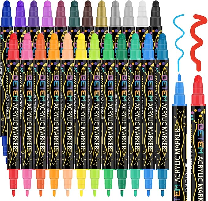 Betem 24 Colors Dual Tip Acrylic Paint Pens Markers, Premium Acrylic Paint Pens for Wood, Canvas, Stone, Rock Painting, Glass, Ceramic Surfaces, DIY Crafts Making Art Supplies