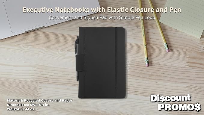 DISCOUNT PROMOS 10 Executive Notebooks with Pen Pack - 6 x 8.5 inches, Recycled, Pen Loop, Closure Strap - Black
