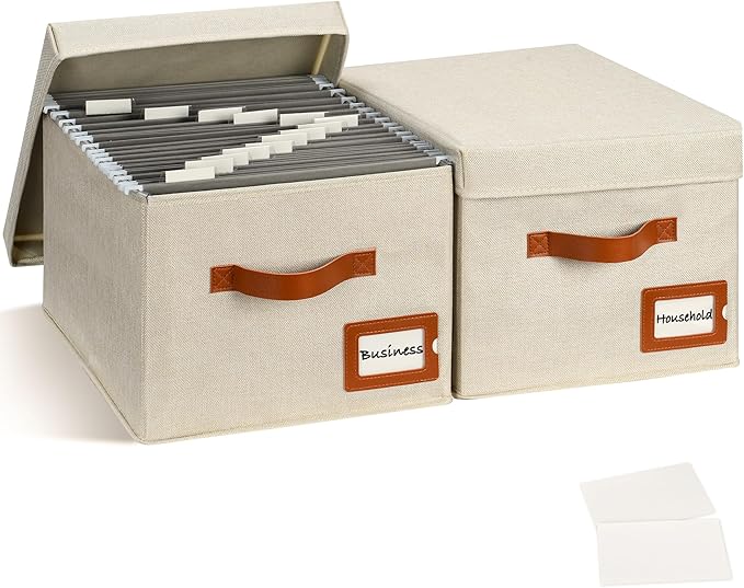 Storage Standard 2-Pack File Organizer Box with Lid - Collapsible Hanging Linen Document Organizer Portable File Boxes, Lightweight & Portable Filing Box Crates with Handles & Extras, Ivory