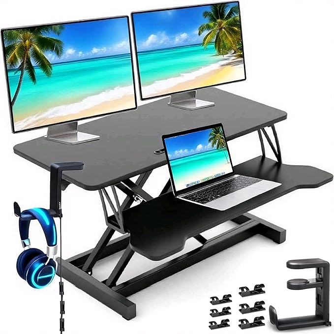 Standing Desk Converter - 32 Inch Wide Adjustable Sit to Stand Up Workstation, Dual Monitor and Laptop Riser with Wide Keyboard Tray, Headphone Stand,Cable Clips,for Home Office, Black