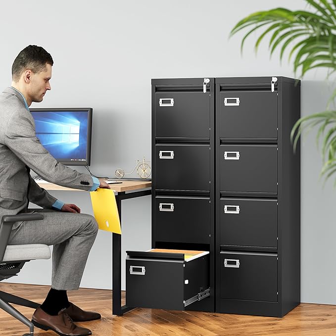 SISESOL 4 Drawer File Cabinet with Lock and Tag,Black Vertical File Cabinet,Narrow Locking Filing Cabinets with Drawers,Metal Filing Storage for Home Office Fit A4 Legal/Letter Size