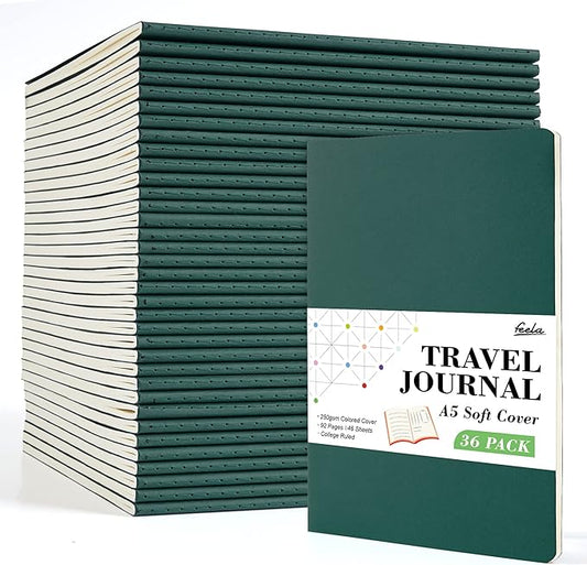 36 Pack Soft Cover Journal Bulk, Feela Lined Blank Travel Journal for Women Men Writing, Notebooks College Ruled for Work, Note Taking Notebook School Business Supplies, 8.2” x 5.5”, A5, Dark Green
