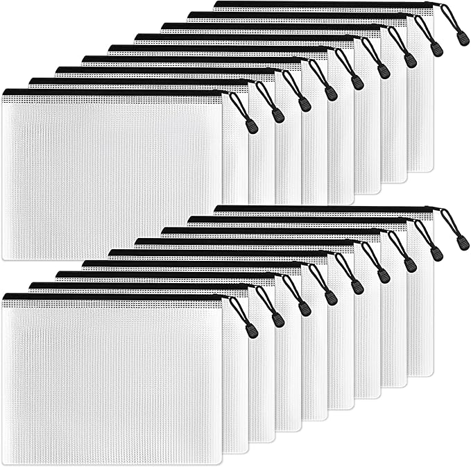 SUNEE Plastic Mesh Zipper Pouch 6x9 in (Black, 18 Packs),Extra Large Water-Resistant Zip Bag for School Office Supplies, Puzzles & Games Organizing Storage