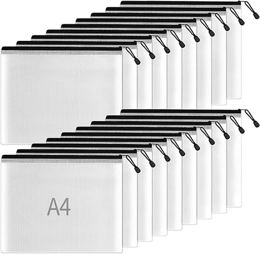 SUNEE Plastic Mesh Zipper Pouch 9x13 in (Black, 18 Packs),Extra Large Water-Resistant Zip Bag for School Office Supplies, Puzzles & Games Organizing Storage