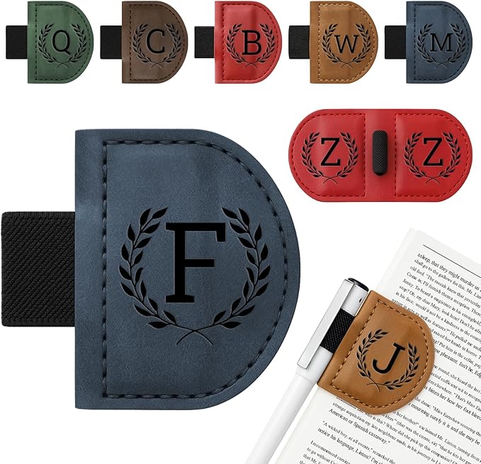 Personalized Bygone Mark Bookmark with Pen Holder,Engraving Leather Magnetic Bookmarks Vintage 26 Letters Name Initials Text Book Marker Clips Gifts for Reading Book Lovers Women (Blue, F)
