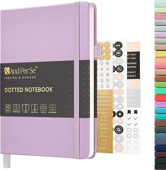 &And Per Se Dotted Journal Notebook, A5 Hardcover Leather Bullet Dotted Journal, 160 Pages 100 gsm Thick Dotted Paper,3 Sheets of Stickers Included - 5.7'' x 8'' (Light lavender)