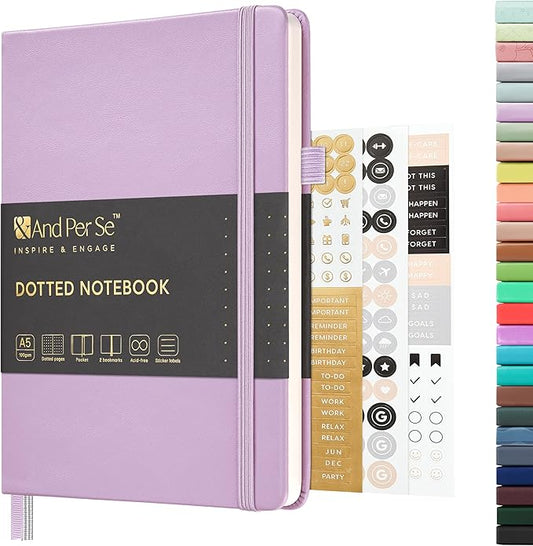 &And Per Se Dotted Journal Notebook, A5 Hardcover Leather Bullet Dotted Journal, 160 Pages 100 gsm Thick Dotted Paper,3 Sheets of Stickers Included - 5.7'' x 8'' (Light lavender)