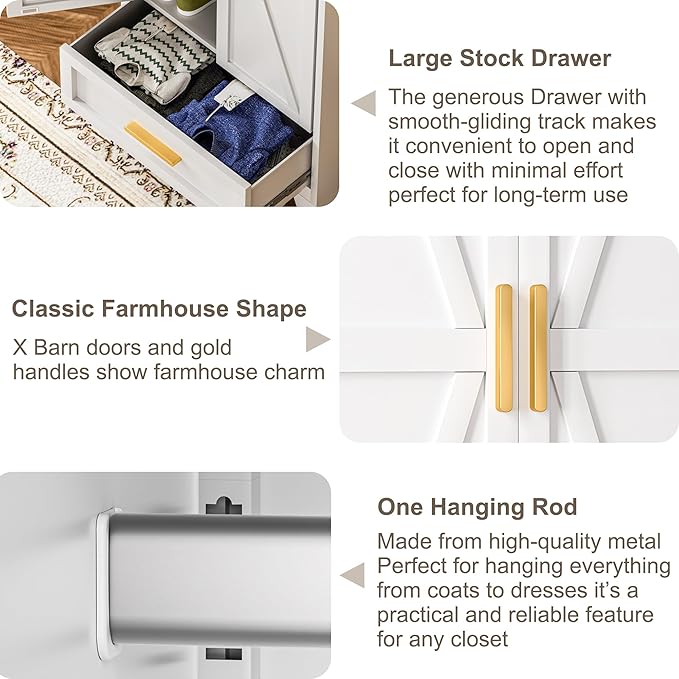 Metal Wardrobe Cabinet,71 Armoire Wardrobe Closet with Drawers and Hanging Rod,Metal Armoire with Adjustable Shelves for Closet,Bedroom,Farmhouse Storage Cabinet with Drawer(White)