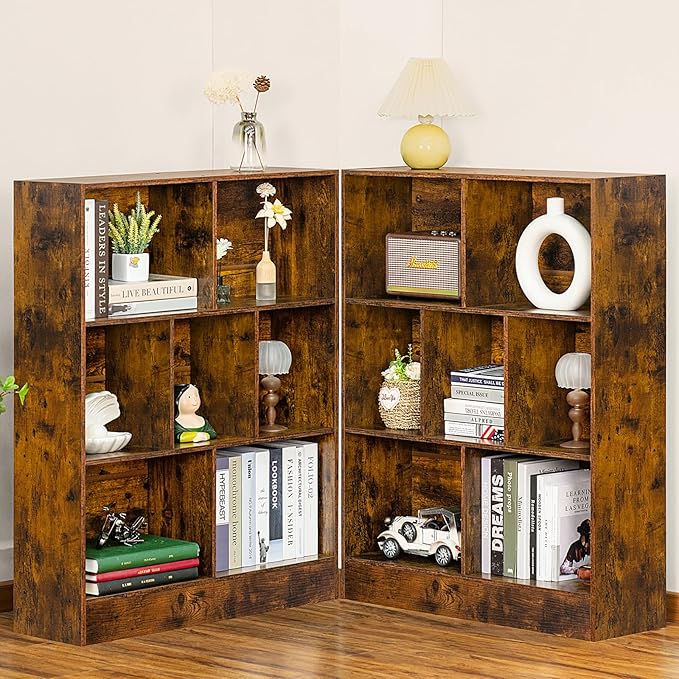 LEYAOYAO 7 Cube Bookshelf with Base,3 Tier Mid-Century Modern Brown Bookcase,Standing Wide Bookshelves Storage Organizer Shelf,Rustic Wood Display Cabinet Book Shelves for Bedroom,Living Room,Office
