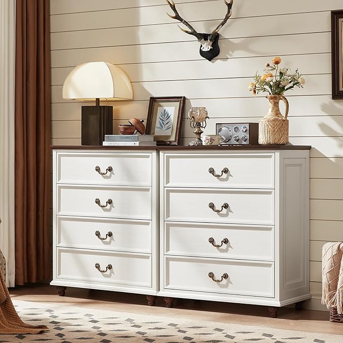 Farmhouse 4 Drawer Dresser for Bedroom, 37" Tall Rustic Chests of Drawers w/ 4 Solid Wood Feet, Mid Century Modern Wooden Closet Storage Dressers Organizer for Living Room, Hallway, White