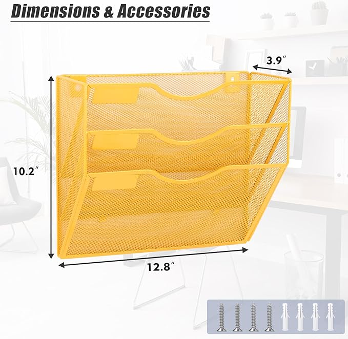 EASEPRES 3 Pocket Mesh Hanging Wall File Organizer, Wall Mounted Mail Paper Document Folder Holder, Clipboard Storage Organization Magazine Rack with Nametag Label for Office Home School, Yellow