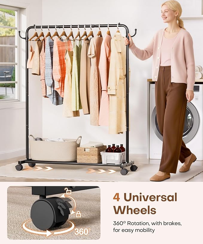 Homde Heavy Duty Clothes Rack: 120lb Standing Garment Storage for Indoor - Rolling Hanging Rod for Bedroom Laundry Room - Coat Dress Organizer on Wheels with luggage shelf (Black,46")