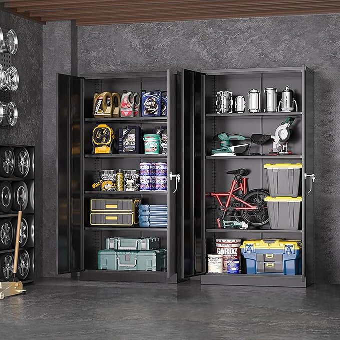 Greenvelly Metal Storage Cabinets 72” Black Garage Steel Storage Cabinet with Doors and Shelves, Metal Tool Cabinet, Steel File Cabinet for Home Office, Basement, Warehouse, Classroom(Anti Tipping)